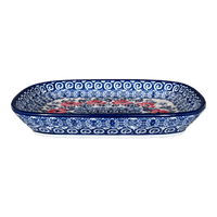 A picture of a Polish Pottery 5.75" x 7" Shallow Dish (Rosie's Garden) | A160-1490X as shown at PolishPotteryOutlet.com/products/5-75-x-7-shallow-dish-rosies-garden-a160-1490x