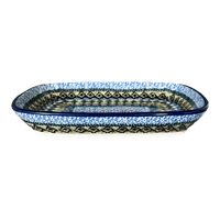 A picture of a Polish Pottery C.A. 5.75" x 7" Shallow Dish (Aztec Blues) | A160-U4428 as shown at PolishPotteryOutlet.com/products/5-75-x-7-shallow-dish-aztec-blues-a160-u4428