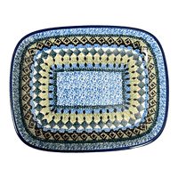 A picture of a Polish Pottery CA 5.75" x 7" Shallow Dish (Aztec Blues) | A160-U4428 as shown at PolishPotteryOutlet.com/products/5-75-x-7-shallow-dish-aztec-blues-a160-u4428