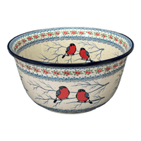 A picture of a Polish Pottery CA 12.5" Bowl (Bullfinch Berries) | A213-U4917 as shown at PolishPotteryOutlet.com/products/12-5-bowl-bullfinch-berries-a213-u4917