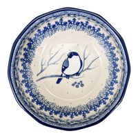 A picture of a Polish Pottery 5" Multiangular Bowl (Bullfinch on Blue) | A221-U4830 as shown at PolishPotteryOutlet.com/products/5-multiangular-bowl-bullfinch-on-blue-a221-u4830