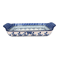 A picture of a Polish Pottery Shallow Rectangular Baker W/Handles (Butterfly Tulips) | A280-1937X as shown at PolishPotteryOutlet.com/products/shallow-rectangular-baker-w-handles-butterfly-tulips-a280-1937x