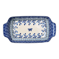 A picture of a Polish Pottery Shallow Rectangular Baker W/Handles (Butterfly Tulips) | A280-1937X as shown at PolishPotteryOutlet.com/products/shallow-rectangular-baker-w-handles-butterfly-tulips-a280-1937x