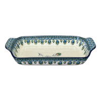 A picture of a Polish Pottery CA Shallow Rectangular Baker (Peacock Plume) | A280-2218X as shown at PolishPotteryOutlet.com/products/shallow-rectangular-baker-w-handles-peacock-plume-a280-2218x