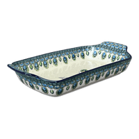 A picture of a Polish Pottery CA Shallow Rectangular Baker (Peacock Plume) | A280-2218X as shown at PolishPotteryOutlet.com/products/shallow-rectangular-baker-w-handles-peacock-plume-a280-2218x