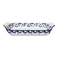 A picture of a Polish Pottery C.A. Shallow Rectangular Baker (Snow White Anemone) | A280-2222X as shown at PolishPotteryOutlet.com/products/shallow-rectangular-baker-w-handles-snow-white-anemone-a280-2222x