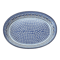 A picture of a Polish Pottery CA 13.75" x 9.25" Oval Baker (Blue Ribbon) | A296-1026X as shown at PolishPotteryOutlet.com/products/13-75-x-9-25-oval-baker-blue-ribbon-a296-1026x