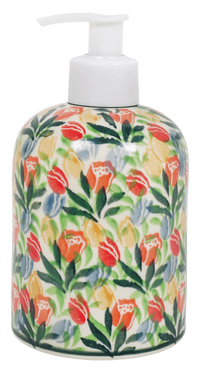 A picture of a Polish Pottery Soap Dispenser (Tulip Burst) | A573-U4226 as shown at PolishPotteryOutlet.com/products/soap-dispenser-tulip-burst-1