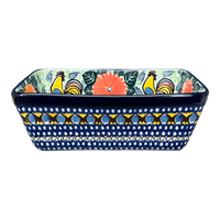 A picture of a Polish Pottery CA 8" x 5" Bread Baker (Regal Roosters) | A603-U2617 as shown at PolishPotteryOutlet.com/products/bread-baker-regal-roosters-a603-u2617