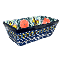 A picture of a Polish Pottery CA 8" x 5" Bread Baker (Regal Roosters) | A603-U2617 as shown at PolishPotteryOutlet.com/products/bread-baker-regal-roosters-a603-u2617