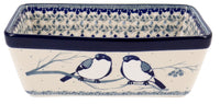A picture of a Polish Pottery CA 8" x 5" Bread Baker (Bullfinch on Blue) | A603-U4830 as shown at PolishPotteryOutlet.com/products/bread-baker-bullfinch-on-blue-a603-u4830
