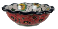 A picture of a Polish Pottery CA 5" Fancy Edge Bowl (Regal Daisies - Red) | A627-U4725 as shown at PolishPotteryOutlet.com/products/5-fancy-edge-bowl-regal-daisies-red