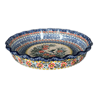 A picture of a Polish Pottery 10" Quiche/Pie Dish (Hummingbird Bouquet) | A636-U3357 as shown at PolishPotteryOutlet.com/products/10-quiche-pie-dish-hummingbird-bouquet-a636-u3357