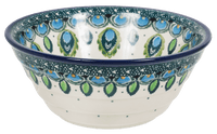 A picture of a Polish Pottery Ridged 5.5" Bowl (Peacock Plume) | A696-2218X as shown at PolishPotteryOutlet.com/products/5-5-bowl-peacock-plume