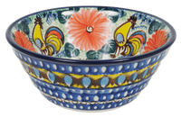 A picture of a Polish Pottery Ridged 5.5" Bowl (Regal Roosters) | A696-U2617 as shown at PolishPotteryOutlet.com/products/5-5-bowl-regal-roosters