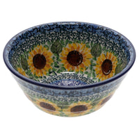 A picture of a Polish Pottery Ridged 5.5" Bowl (Sunflowers) | A696-U4739 as shown at PolishPotteryOutlet.com/products/5-5-bowl-sunflowers