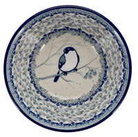A picture of a Polish Pottery Ridged 5.5" Bowl (Bullfinch on Blue) | A696-U4830 as shown at PolishPotteryOutlet.com/products/5-5-bowl-bullfinch-on-blue-a696-u4830