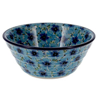 A picture of a Polish Pottery Ridged 5.5" Bowl (Bachelor Button Bouquet) | A696-U4929 as shown at PolishPotteryOutlet.com/products/5-5-bowl-bachelor-button-bouquet