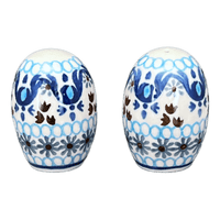 A picture of a Polish Pottery Small Salt & Pepper Set (Blue Ribbon) | A735S-1026X as shown at PolishPotteryOutlet.com/products/small-salt-pepper-set-blue-ribbon-a735s-1026x
