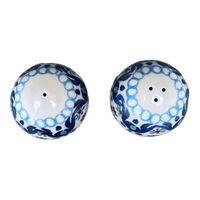 A picture of a Polish Pottery Small Salt & Pepper Set (Blue Ribbon) | A735S-1026X as shown at PolishPotteryOutlet.com/products/small-salt-pepper-set-blue-ribbon-a735s-1026x