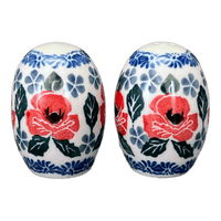 A picture of a Polish Pottery Small Salt & Pepper Set (Rosie's Garden) | A735S-1490X as shown at PolishPotteryOutlet.com/products/small-salt-pepper-set-rosies-garden-a735s-1490x