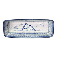 A picture of a Polish Pottery Extra Long Bread Baker (Bullfinch on Blue) | A784-U4830 as shown at PolishPotteryOutlet.com/products/extra-long-bread-baker-bullfinch-on-blue-a784-u4830