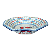 A picture of a Polish Pottery CA 13.5" Fluted Bowl (Bullfinch Berries) | A801-U4917 as shown at PolishPotteryOutlet.com/products/13-5-fluted-bowl-bullfinch-berries-a801-u4917