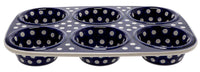 A picture of a Polish Pottery Muffin Pan (Tulip Dot) | A811-377Z as shown at PolishPotteryOutlet.com/products/muffin-pan-tulip-dot-a811-377z