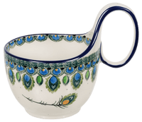 A picture of a Polish Pottery Loop Handle Bowl (Peacock Plume) | A845-2218X as shown at PolishPotteryOutlet.com/products/fancy-handle-scoop-2218x