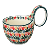 A picture of a Polish Pottery Loop Handle Bowl (Tulip Burst) | A845-U4226 as shown at PolishPotteryOutlet.com/products/loop-handle-bowl-tulip-burst-a845-u4226