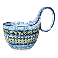 A picture of a Polish Pottery Loop Handle Bowl (Aztec Blues) | A845-U4428 as shown at PolishPotteryOutlet.com/products/loop-handle-bowl-aztec-blues-a845-u4428