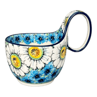 A picture of a Polish Pottery Loop Handle Bowl (Regal Daisies - Blue) | A845-U4736 as shown at PolishPotteryOutlet.com/products/loop-handle-bowl-regal-daisies-blue-a845-u4736