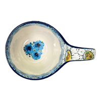 A picture of a Polish Pottery Loop Handle Bowl (Regal Daisies - Blue) | A845-U4736 as shown at PolishPotteryOutlet.com/products/loop-handle-bowl-regal-daisies-blue-a845-u4736