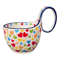 A picture of a Polish Pottery Loop Handle Bowl (Rainbow Hearts) | A845-U4833 as shown at PolishPotteryOutlet.com/products/loop-handle-bowl-rainbow-hearts-a845-u4833