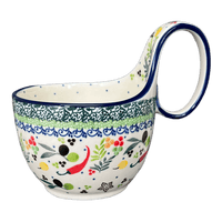 A picture of a Polish Pottery Loop Handle Bowl (Spice of Life) | A845-U4843 as shown at PolishPotteryOutlet.com/products/loop-handle-bowl-spice-of-life-a845-u4843
