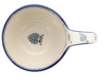 A picture of a Polish Pottery Loop Handle Bowl (Lone Owl) | A845-U4872 as shown at PolishPotteryOutlet.com/products/loop-handle-bowl-lone-owl-a845-u4872