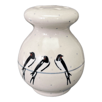 A picture of a Polish Pottery Parmesan/Spice Shaker (Birds on a Wire) | A934-U4831 as shown at PolishPotteryOutlet.com/products/parmesan-spice-shaker-birds-on-a-wire-a934-u4831
