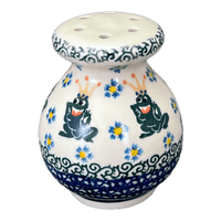 A picture of a Polish Pottery Parmesan/Spice Shaker (Frog Prince) | A934-U9969 as shown at PolishPotteryOutlet.com/products/parmesan-spice-shaker-frog-prince-a934-u9969