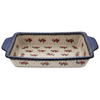 A picture of a Polish Pottery Rectangular Casserole W/Handles (Wild Rose) | AA59-1525X as shown at PolishPotteryOutlet.com/products/rectangular-casserole-w-handles-wild-rose