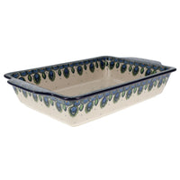 A picture of a Polish Pottery Rectangular Casserole W/Handles (Peacock Plume) | AA59-2218X as shown at PolishPotteryOutlet.com/products/rectangular-casserole-w-handles-peacock-plume