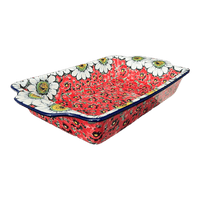 A picture of a Polish Pottery Rectangular Casserole W/Handles (Regal Daisies - Red) | AA59-U4725 as shown at PolishPotteryOutlet.com/products/rectangular-casserole-w-handles-regal-daisies-red-aa59-u4725