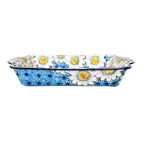 A picture of a Polish Pottery Rectangular Casserole W/Handles (Regal Daisies - Blue) | AA59-U4736 as shown at PolishPotteryOutlet.com/products/rectangular-casserole-w-handles-regal-daisies-blue-aa59-u4736
