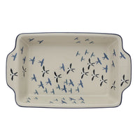A picture of a Polish Pottery Rectangular Casserole W/Handles (Birds of a Feather) | AA59-U4832 as shown at PolishPotteryOutlet.com/products/rectangular-casserole-w-handles-birds-of-a-feather