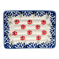 A picture of a Polish Pottery Rectangular Soap Dish (Red Aster) | AA97-1435X as shown at PolishPotteryOutlet.com/products/rectangular-soap-dish-red-aster-aa97-1435x