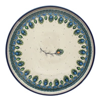 A picture of a Polish Pottery Round Tray (Peacock Plume) | AE93-2218X as shown at PolishPotteryOutlet.com/products/round-tray-peacock-plume