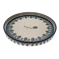 A picture of a Polish Pottery Round Tray (Peacock Plume) | AE93-2218X as shown at PolishPotteryOutlet.com/products/round-tray-peacock-plume