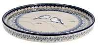 A picture of a Polish Pottery CA 10" Round Tray (Bullfinch on Blue) | AE93-U4830 as shown at PolishPotteryOutlet.com/products/round-tray-bullfinch-on-blue-ae93-u4830