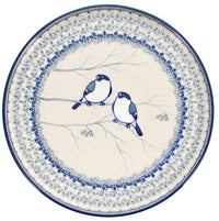 A picture of a Polish Pottery CA 10" Round Tray (Bullfinch on Blue) | AE93-U4830 as shown at PolishPotteryOutlet.com/products/round-tray-bullfinch-on-blue-ae93-u4830