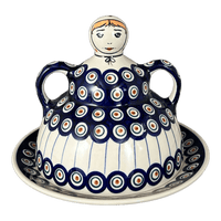 A picture of a Polish Pottery Collectible Cheese Lady (Peacock in Line) | B001T-54A as shown at PolishPotteryOutlet.com/products/the-collectible-cheese-lady-peacock-in-line-b001t-54a