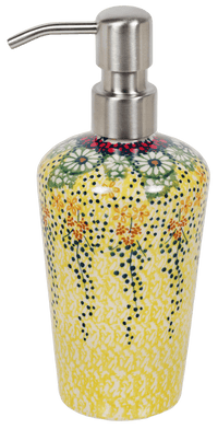 A picture of a Polish Pottery 7" Soap Dispenser (Sunshine Grotto) | B009S-WK52 as shown at PolishPotteryOutlet.com/products/liquid-soap-dispenser-sunshine-grotto